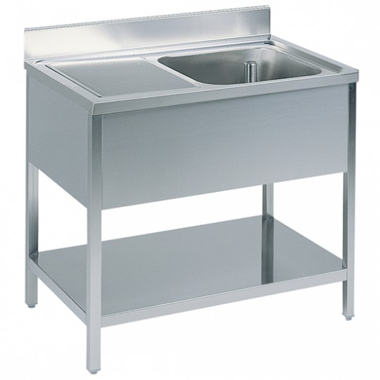 Arbeitstisch mit Becken rechts, 700 mm tief, mit Aufkantung und Zwischenboden, 1000 bis 2000 mm breit